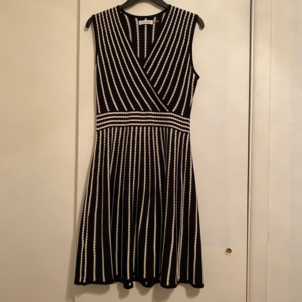 Calvin Klein Black and White Striped Midi Dress